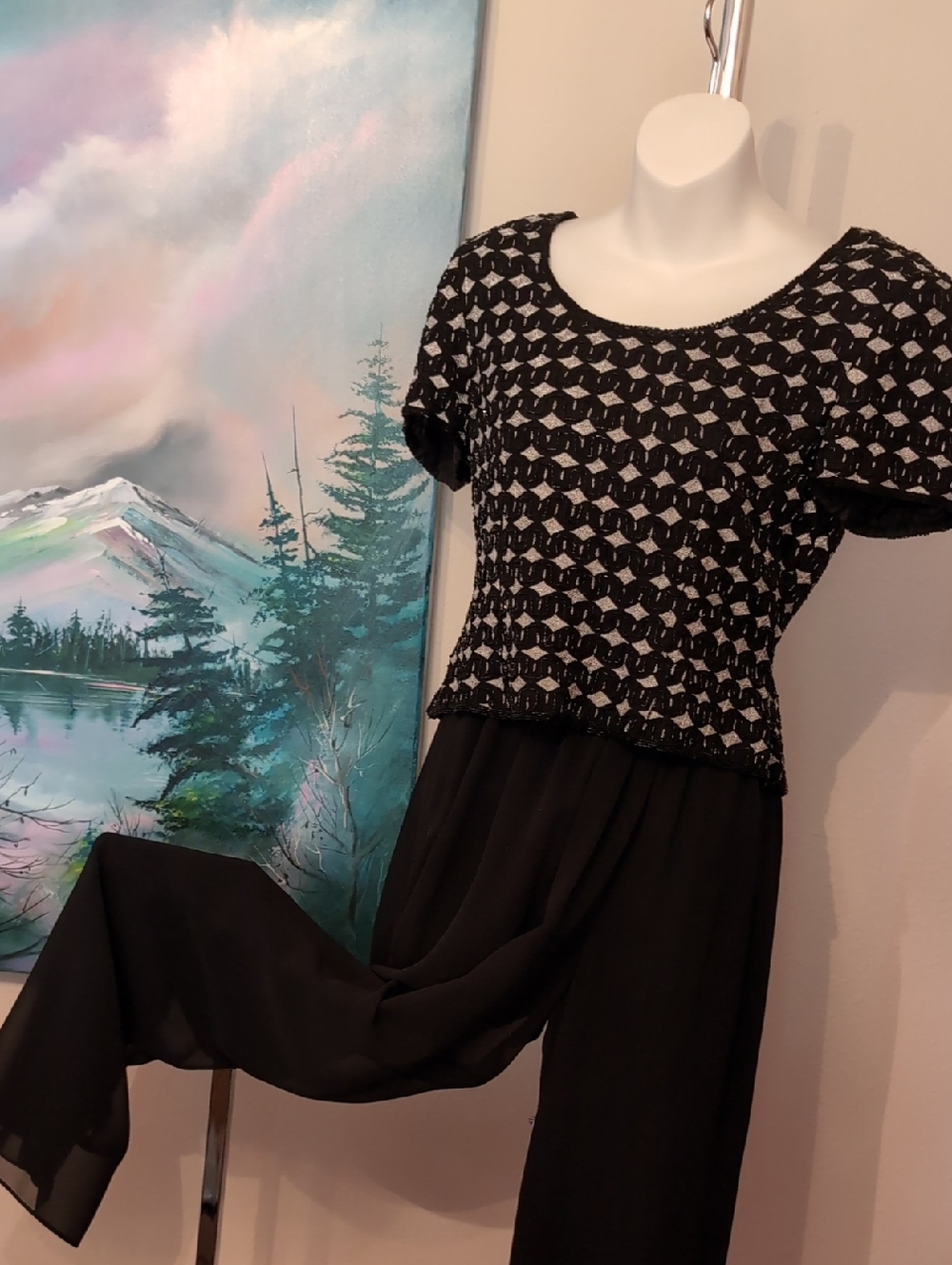Papell Evening 2 Pc Set — Beaded Silk Top PM & Black Chiffon Wide Leg Pants 4